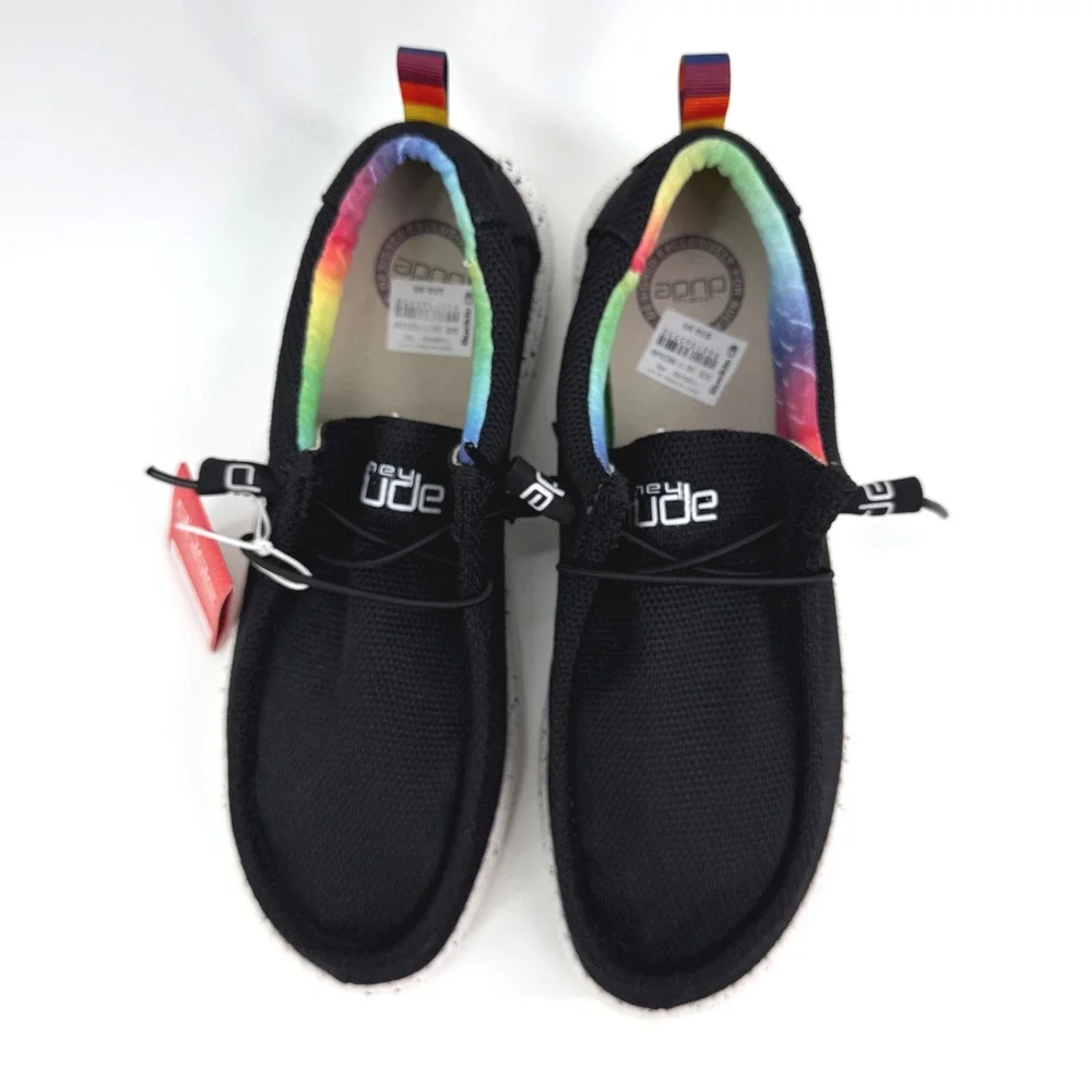 Hey Dude Wally Sox Mens 11 Black Pride Rainbow Tie Dye Speckled Loafers RARE